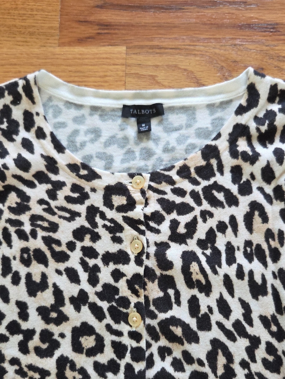 Talbots Black, Brown and Cream Leopard Print Cotton Cardigan Size Medium